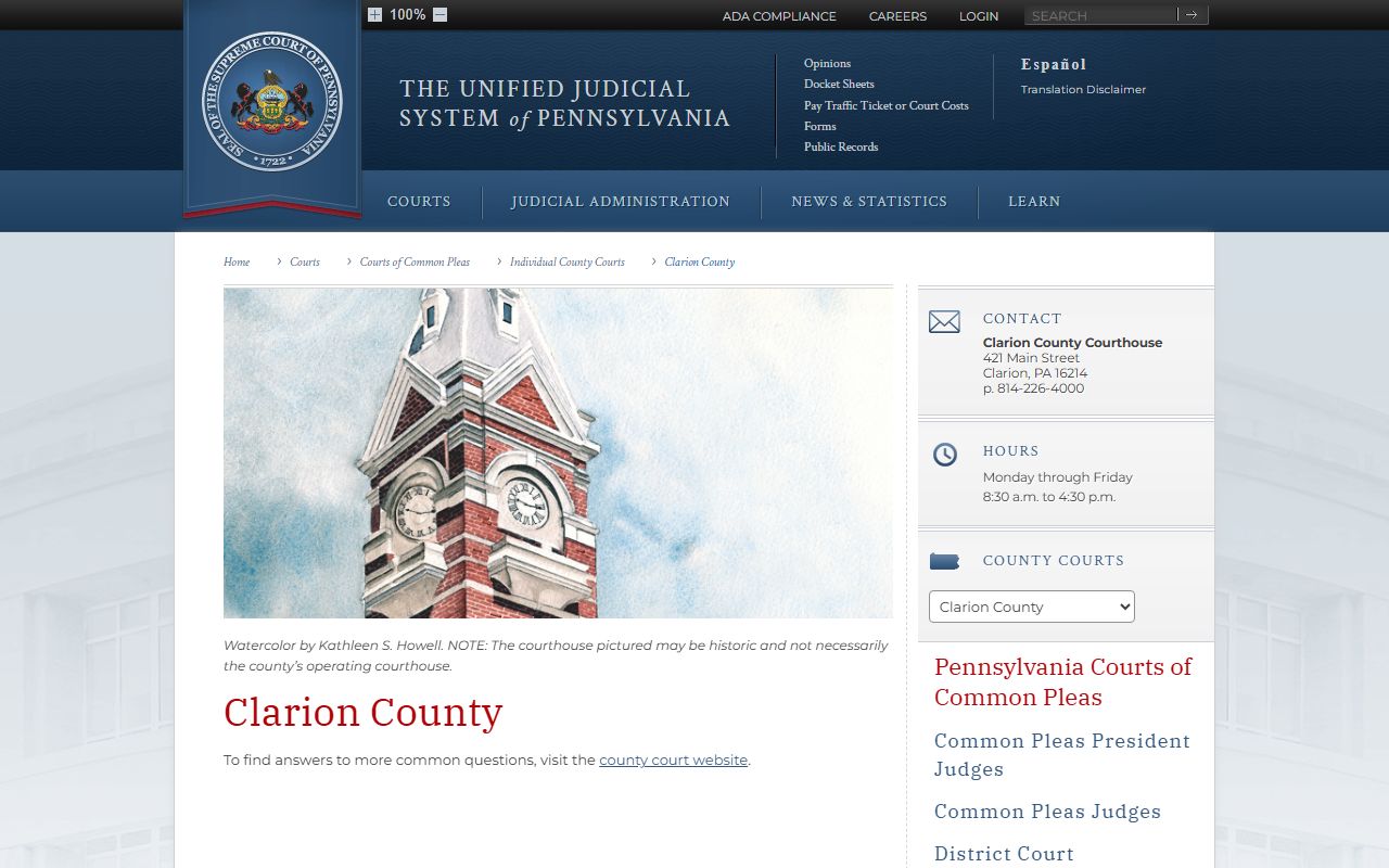 Clarion County arrest records and court charges UJS county court page