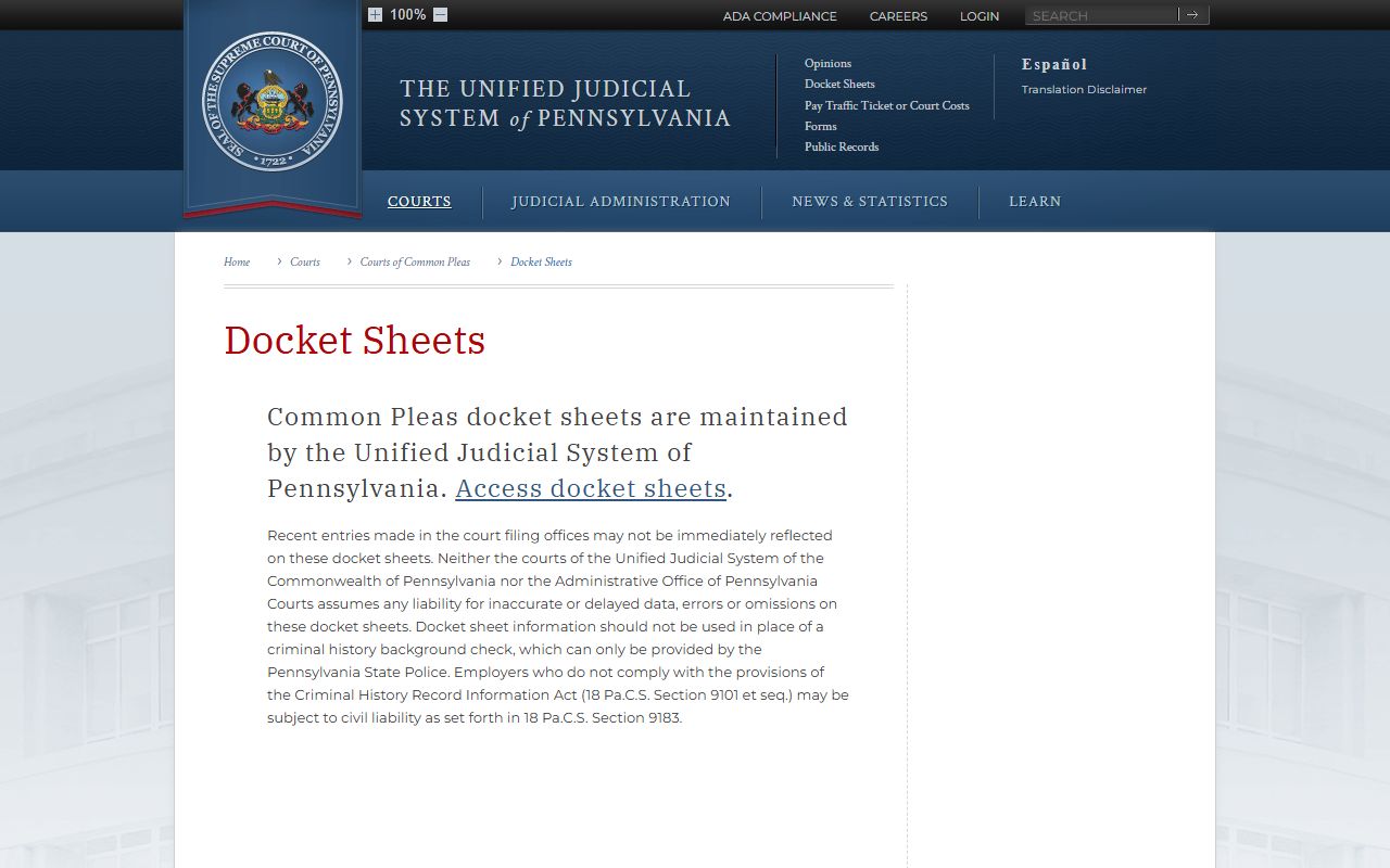 Clarion County court dockets Common Pleas docket sheets