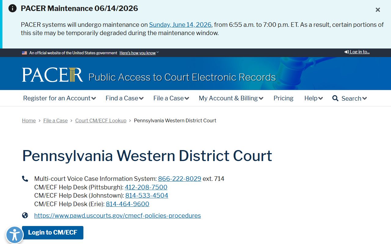 Clarion County Court of Common Pleas records federal district PACER lookup