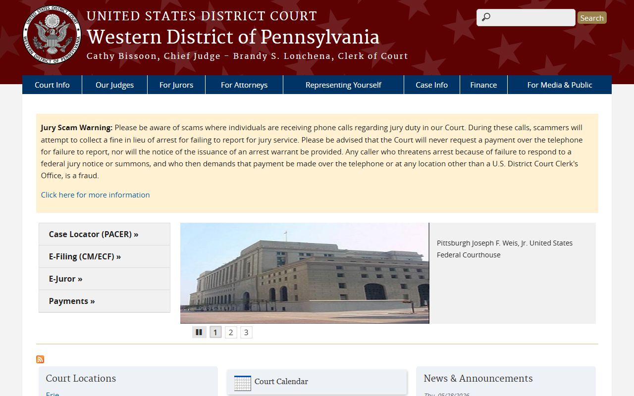 Clarion County Court of Common Pleas records Western District federal court page