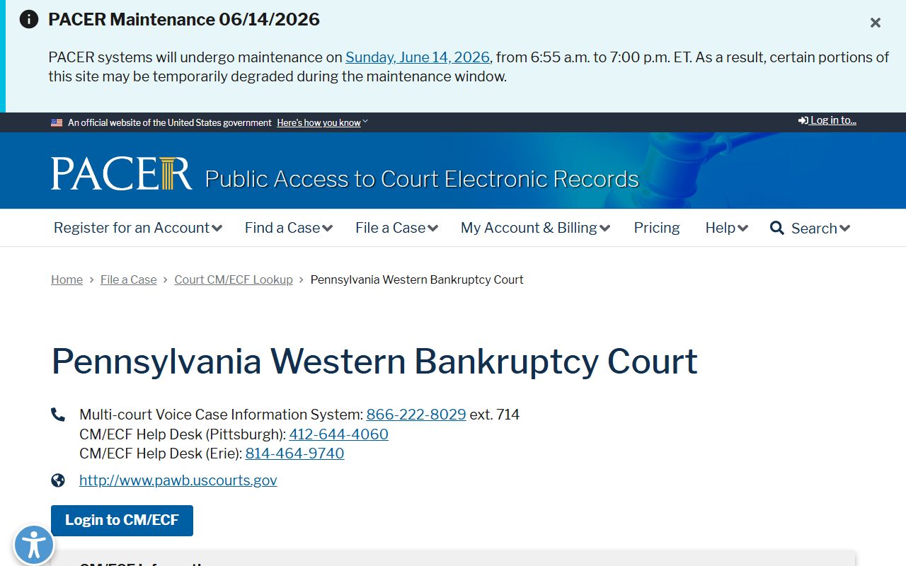 Clarion County Court of Common Pleas records bankruptcy court PACER lookup